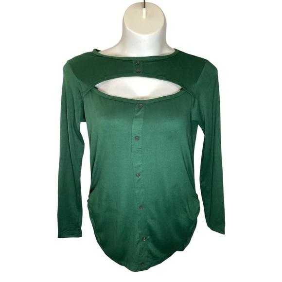 Plus Size, Green Fitted Blouse with Cutout Neckline and Long Sleeves, Size 1X - Picture 2 of 3